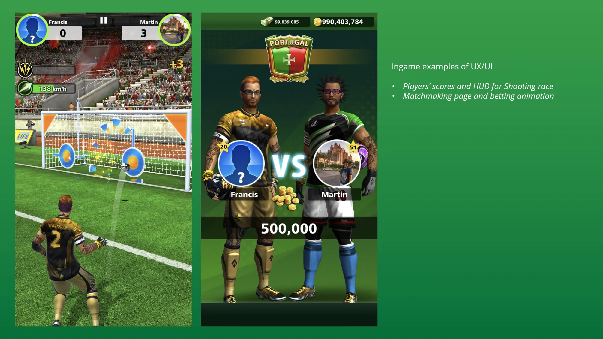 Free kick gameplay and the versus screen