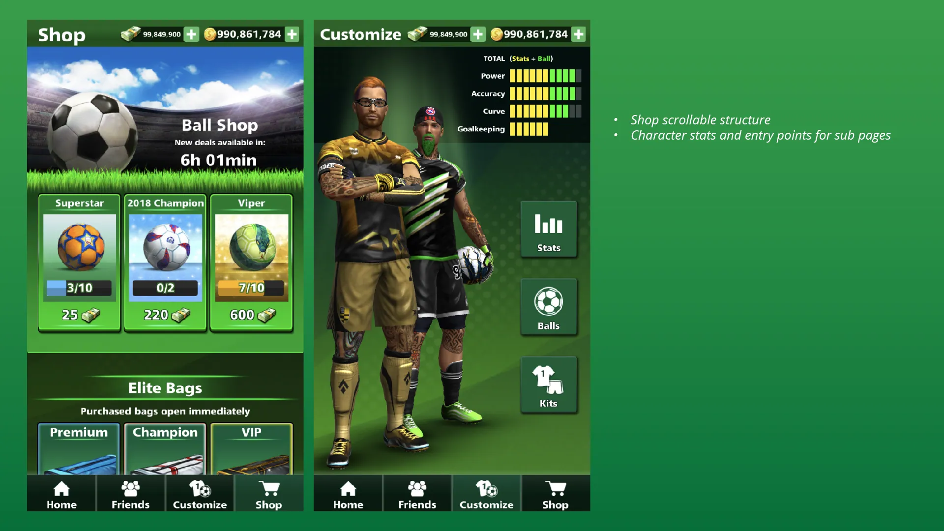 Customisation hub: stats recap and both characters side by side