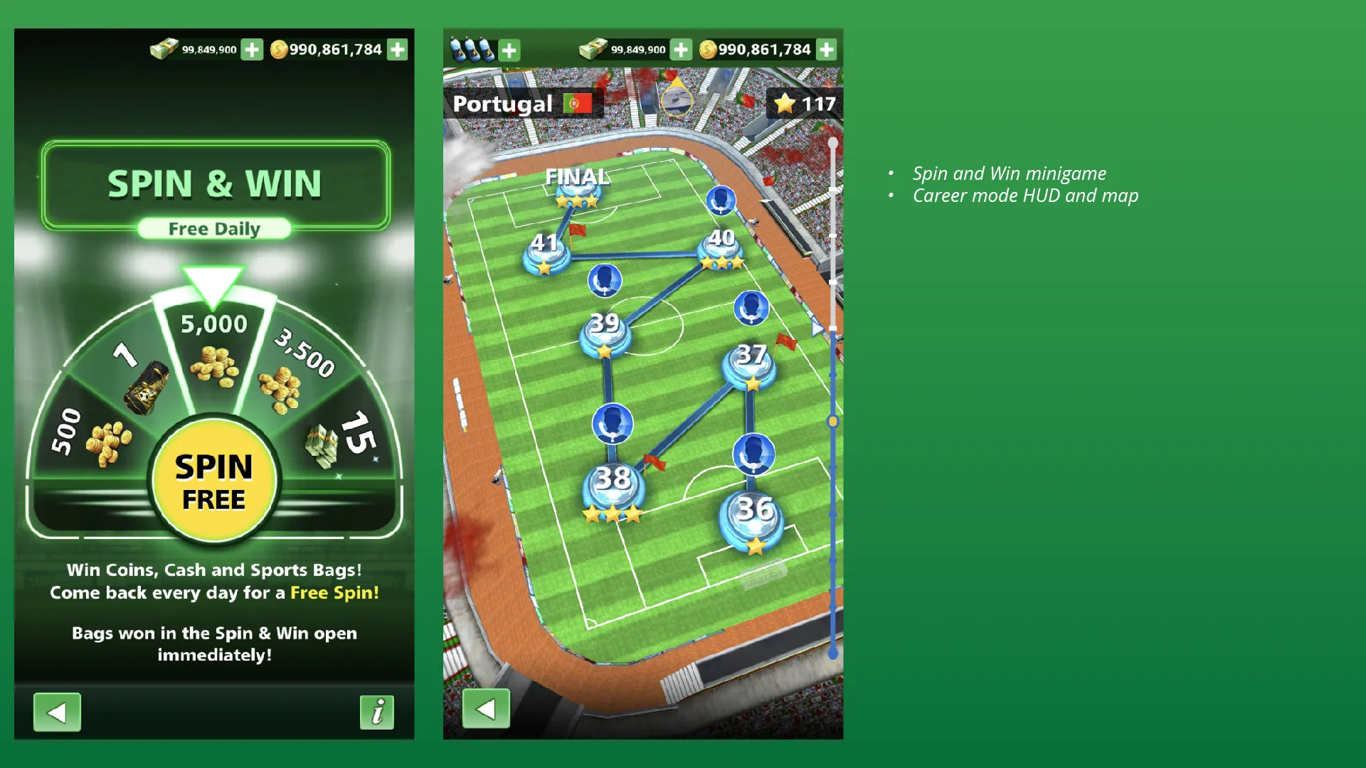Spin and win rewards, and the Career mode map