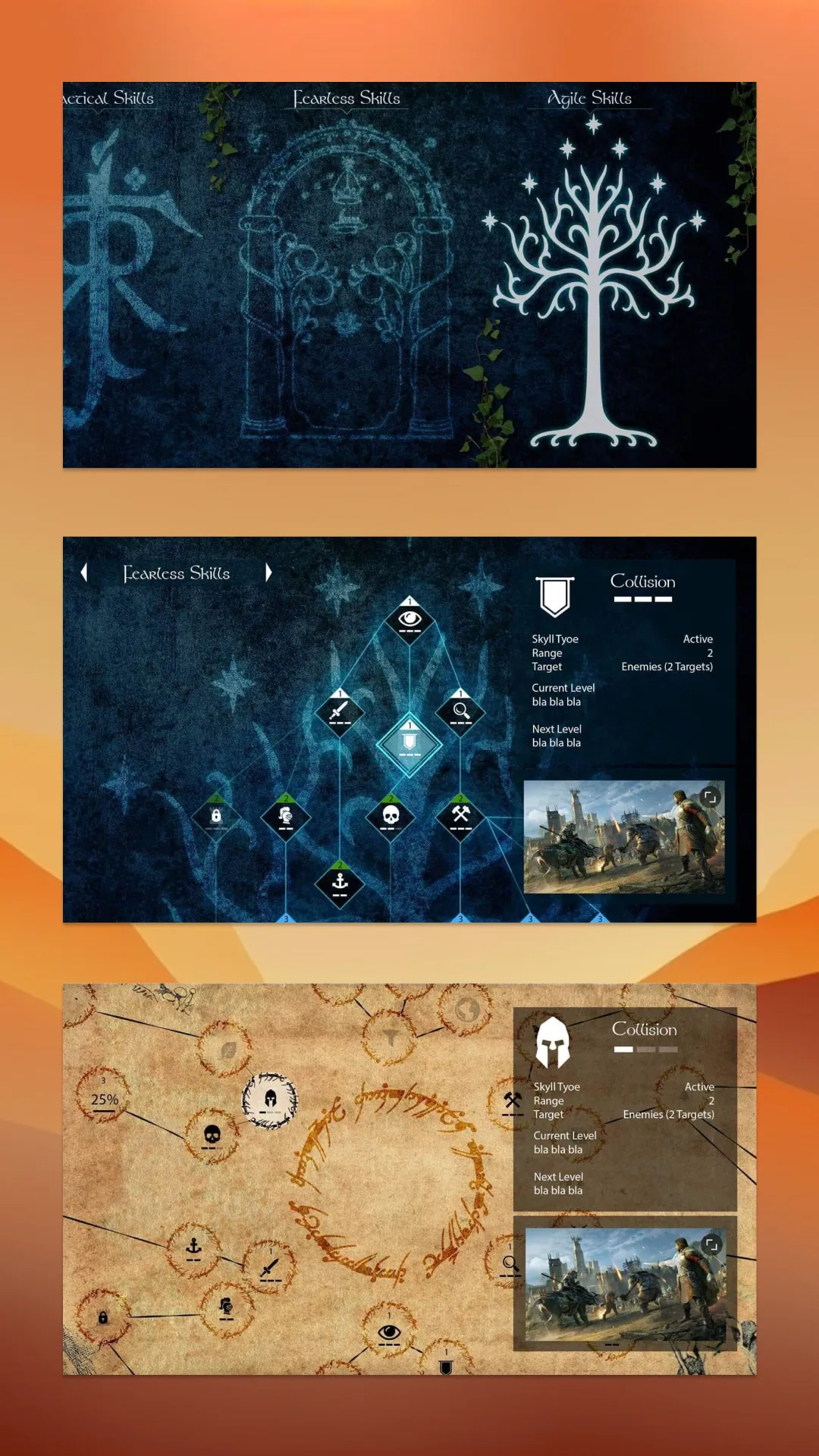 Skill tree concepts: the Doors of Durin, the White Tree and the One Ring's inscription