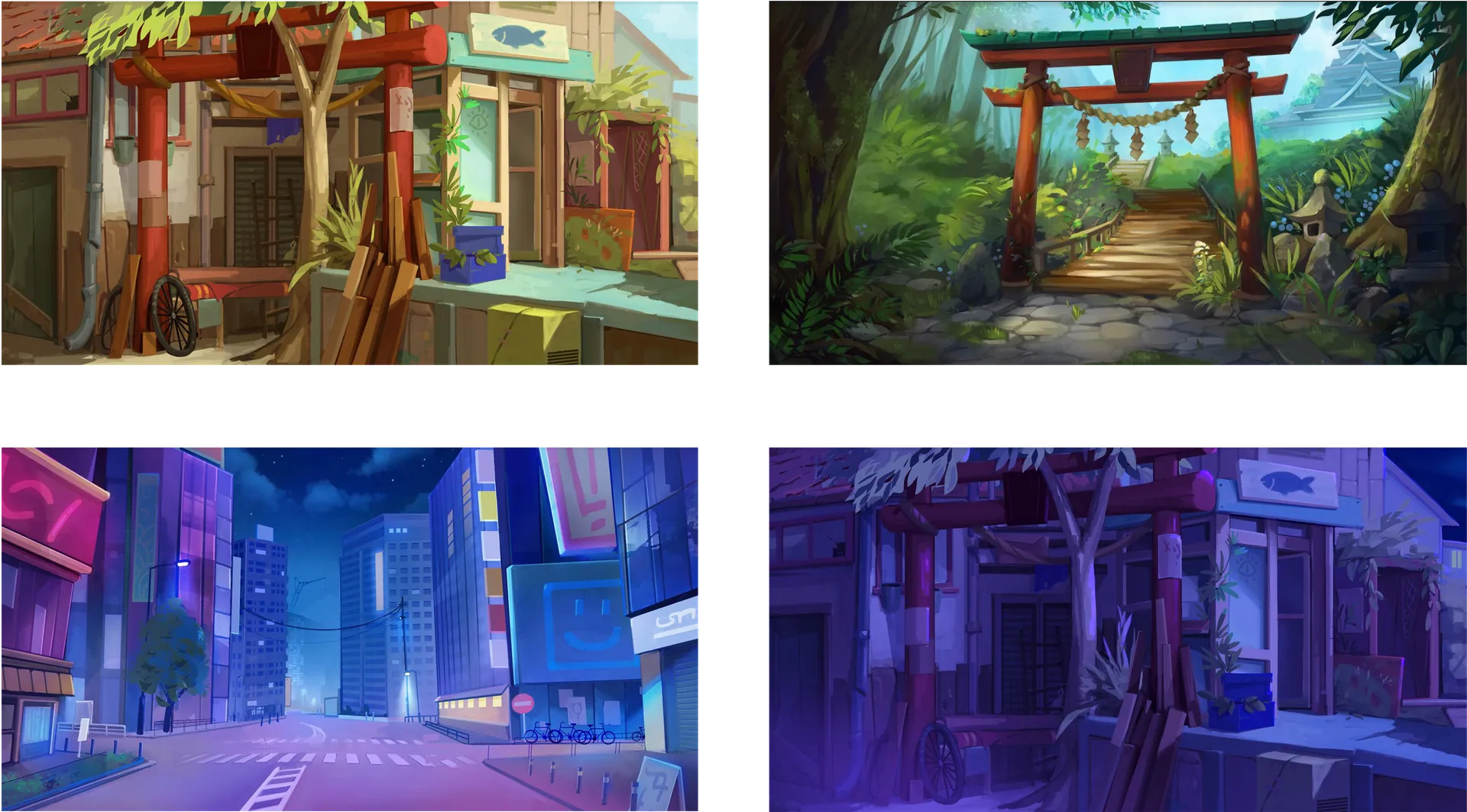 Environment concepts: neighbourhood streets, shrines and neon alleys