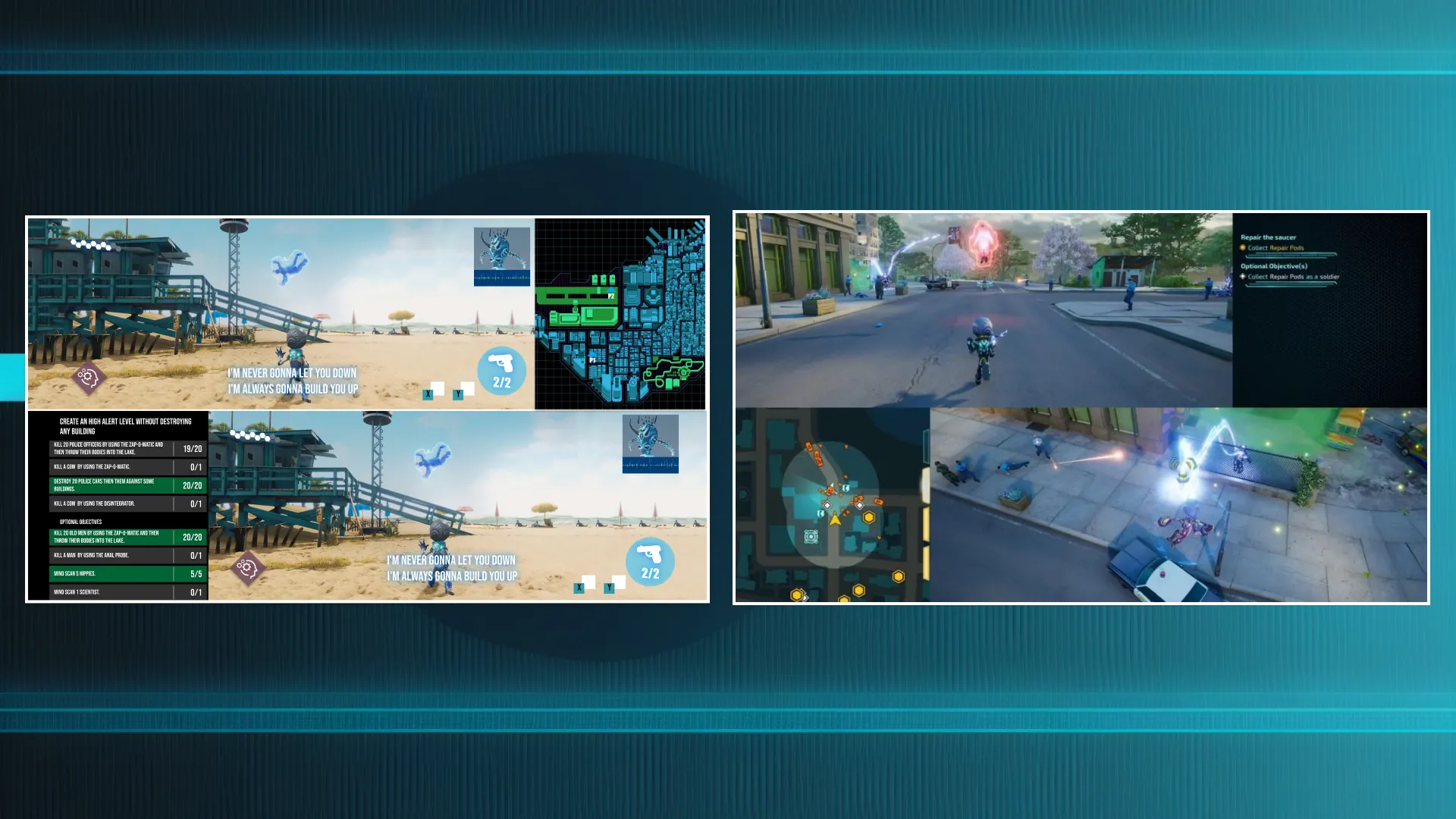 Split-screen: two equal views, with spare space used for the map and mission goals