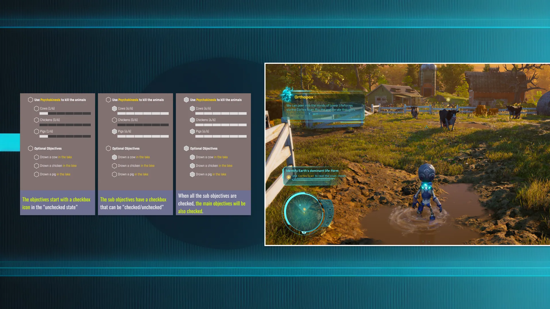 Settings wireframes next to the in-game result