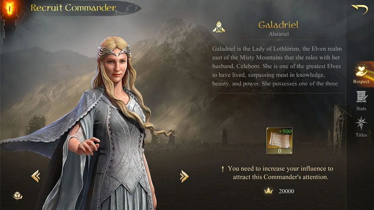 Recruiting a commander, with lore text from the source material