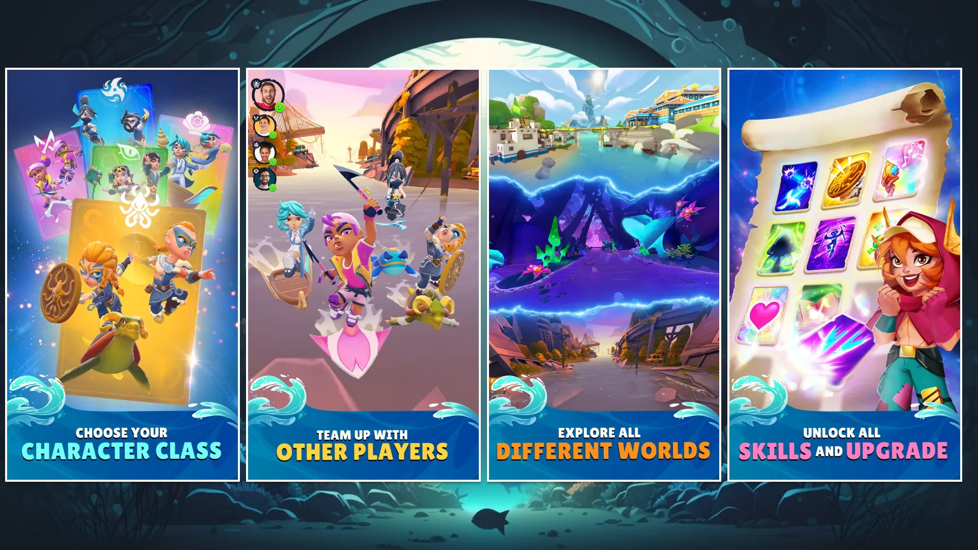Store page: choose a class, team up, explore worlds, unlock skills