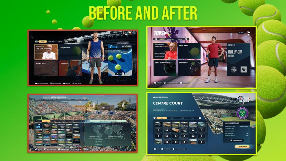 Before and after: menus and court screens