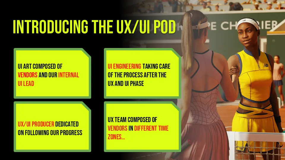 The UX/UI pod: UI art, UI engineering, a UX/UI producer and UX designers spread across vendors and time zones