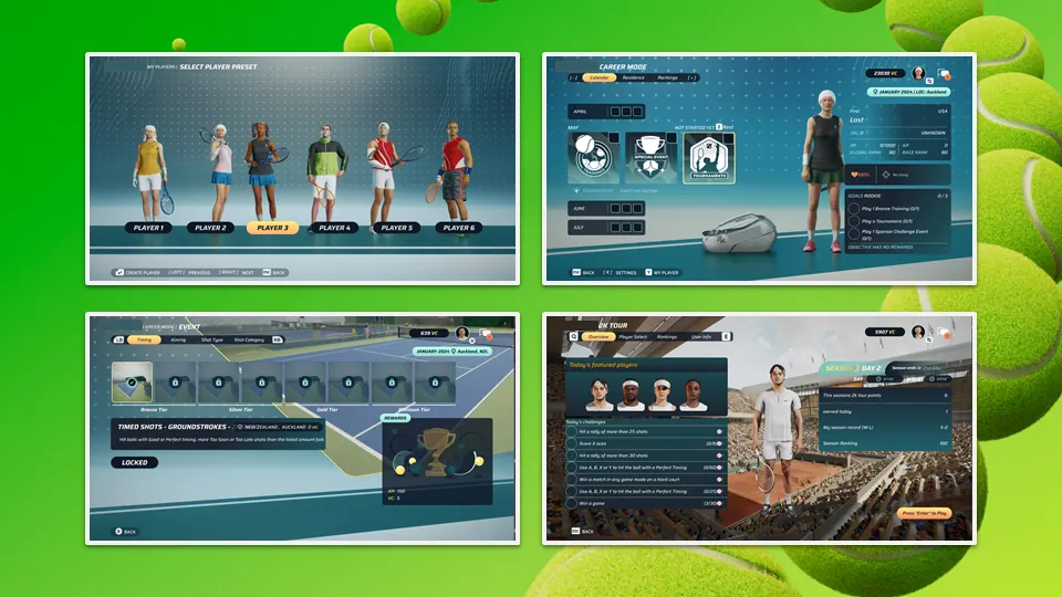 Player creation and customisation screens