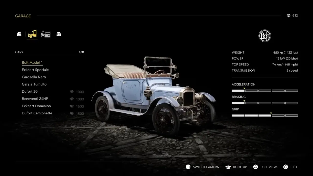 Garage: the same system adapted for cars, with acceleration, braking and grip