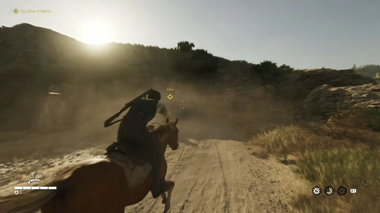Horse riding with a minimal HUD: objective top left, status bottom left