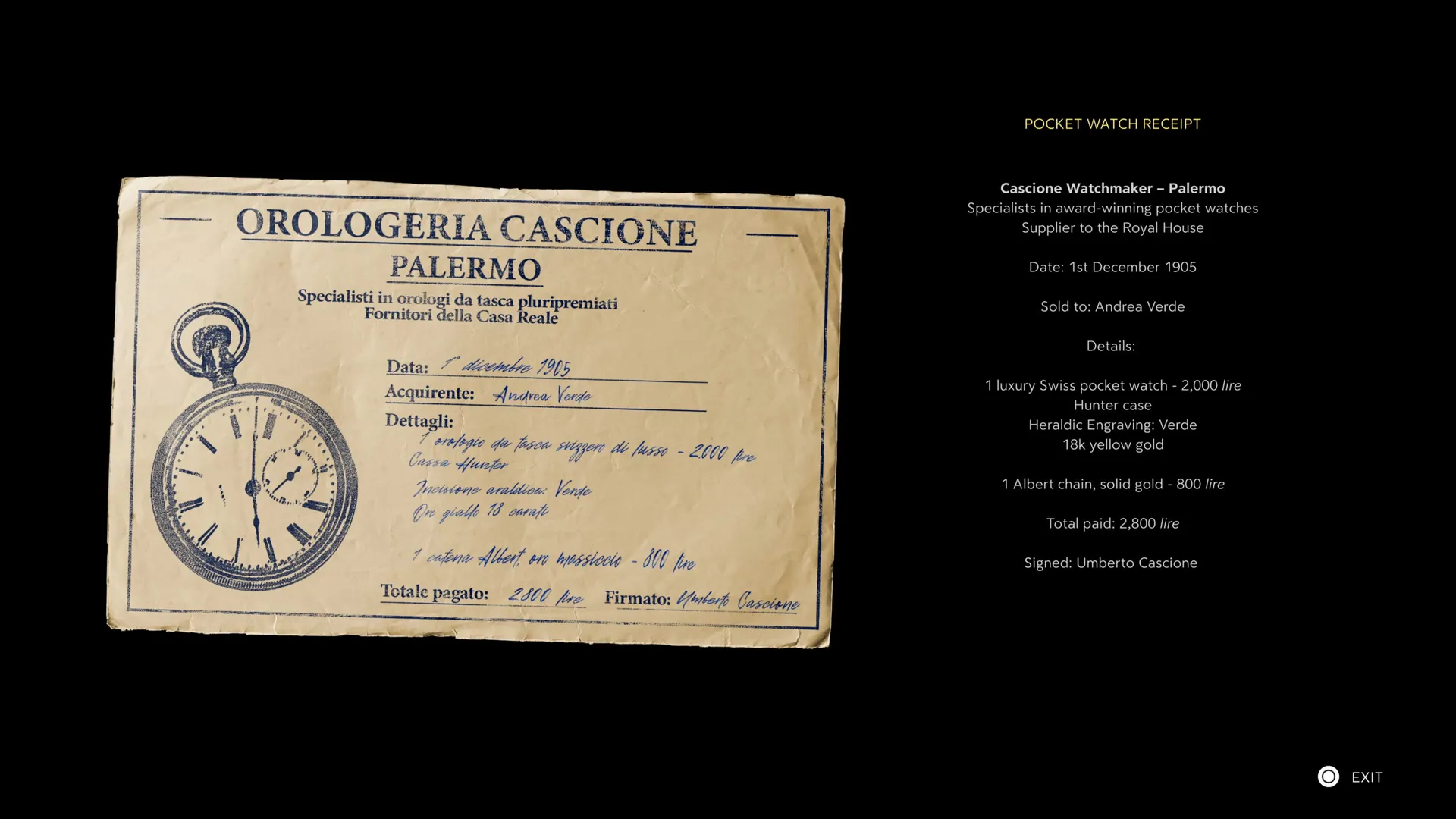 Collectible inspect view: a watchmaker's receipt with a readable transcription beside it