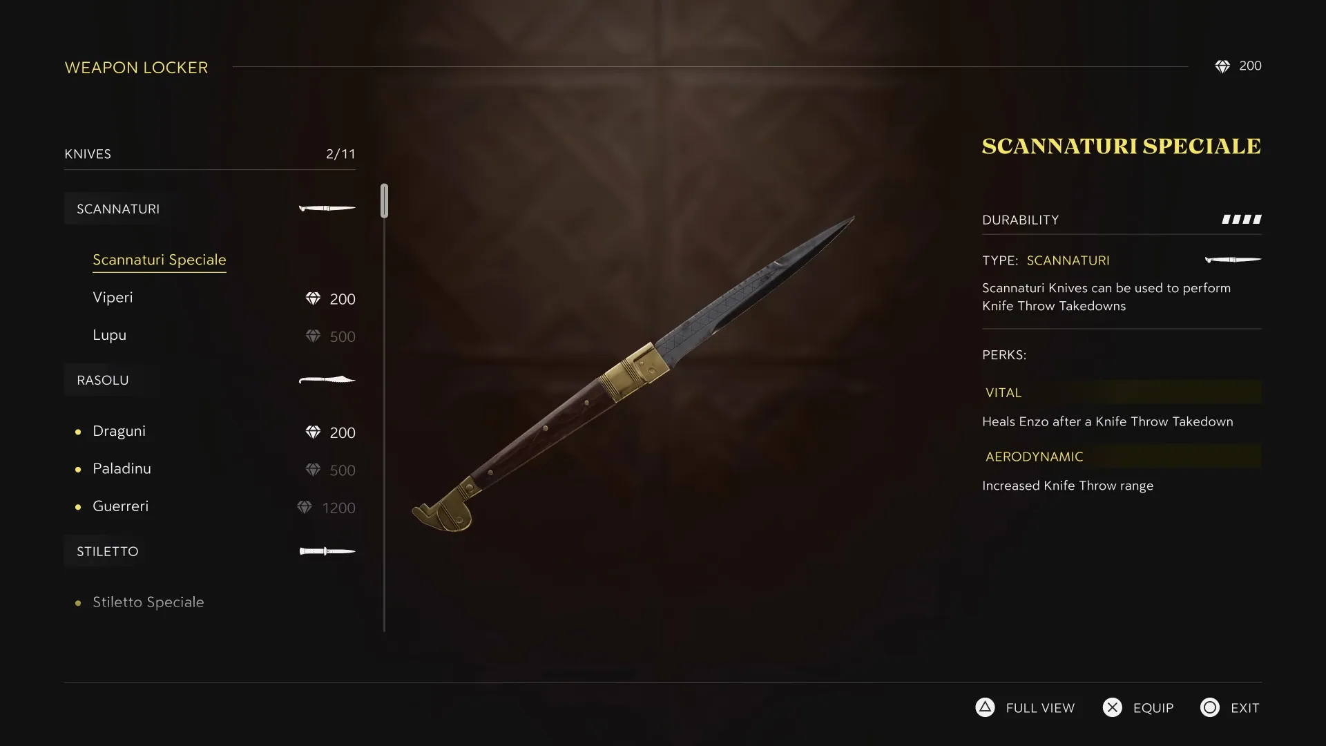 Weapon Locker for knives: list on the left, detail and perks on the right