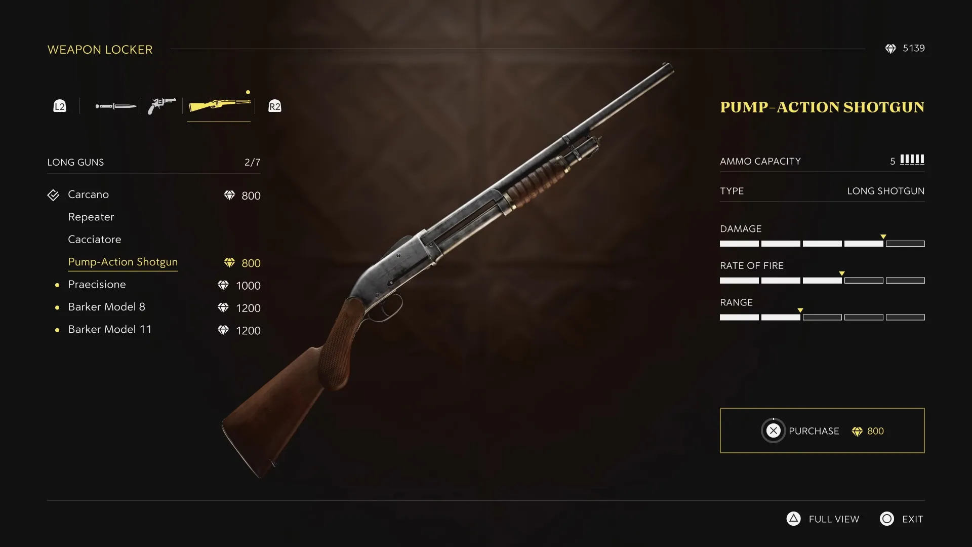 Shop: the same layout handles purchasing and stat comparison for long guns