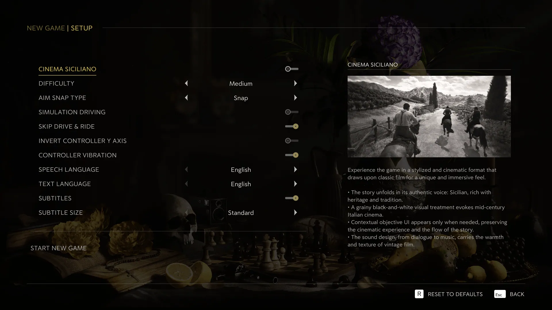New game setup: Cinema Siciliano, difficulty, aim assist, driving and riding options, controller vibration, languages and subtitle size, each with a live preview