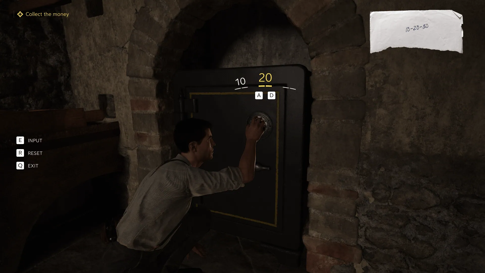 Safe-cracking: a dial readout, with the combination note pinned if the player has found it